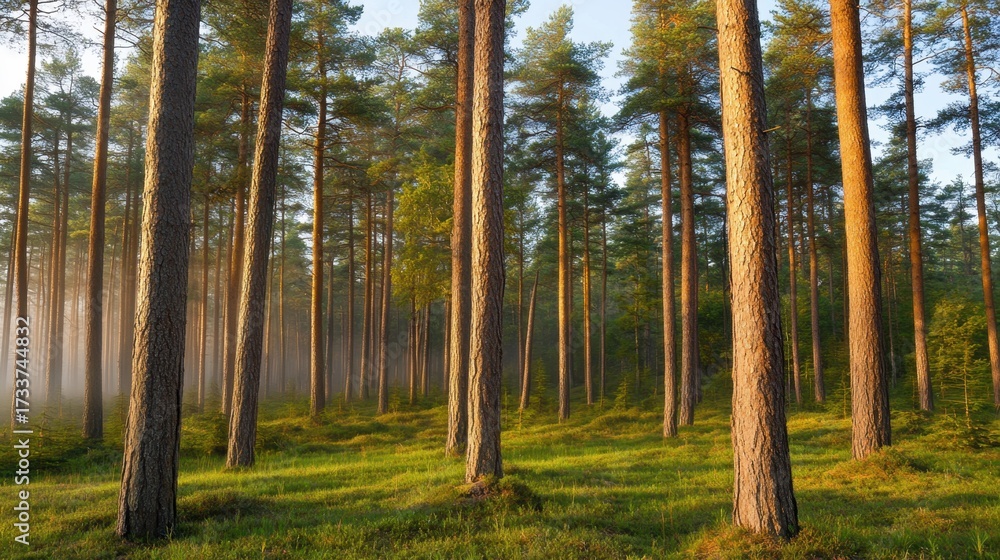 Fototapeta premium Serene pine forest at dawn with mist rolling through trees, perfect for nature and travel backdrops