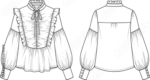 Women’s blouse fashion illustration, technical garment sketch, ruffled neckline, voluminous sleeves, ruched bodice, asymmetrical hem, apparel design, clothing construction reference