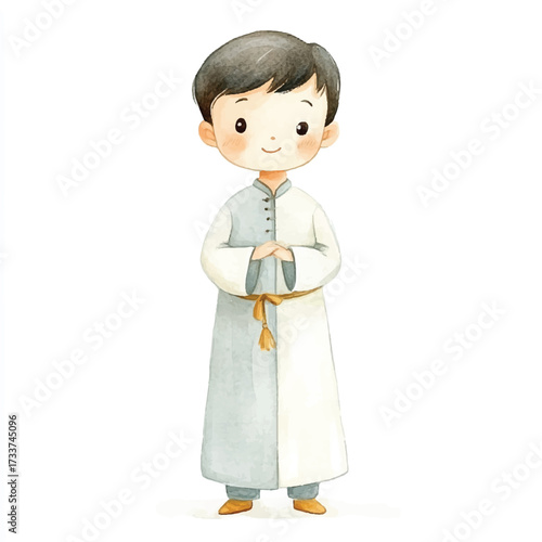 Cute cartoon boy in religious attire with hands clasped.