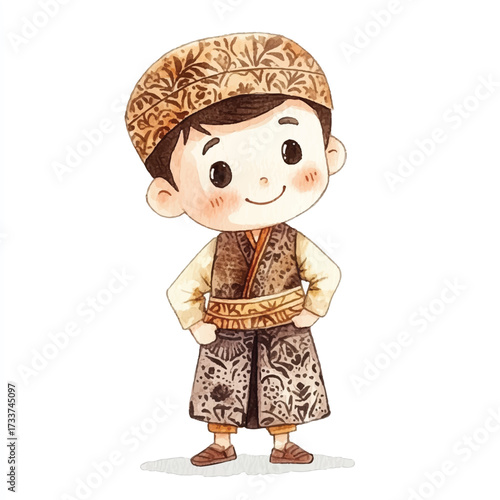 Cute Cartoon Boy in Traditional Bhutanese Gho and Tego Outfit.