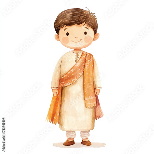 Cute cartoon boy wearing traditional Indian kurta and shawl.