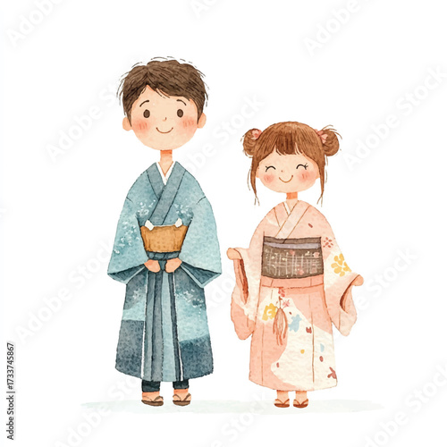 Cute Cartoon Children in Traditional Japanese Kimono Outfits.