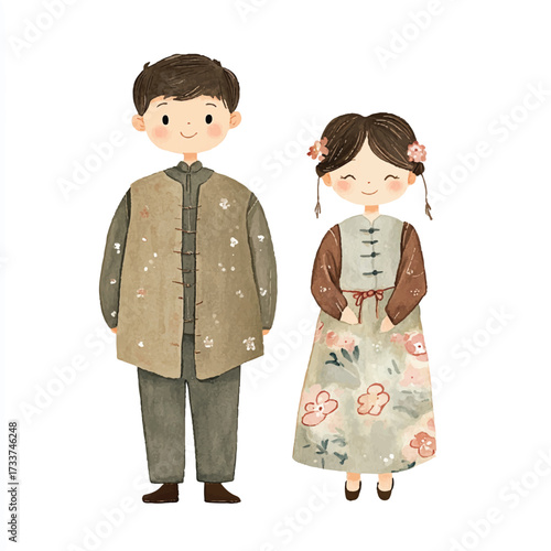 Cute cartoon couple in traditional Chinese clothing illustration.