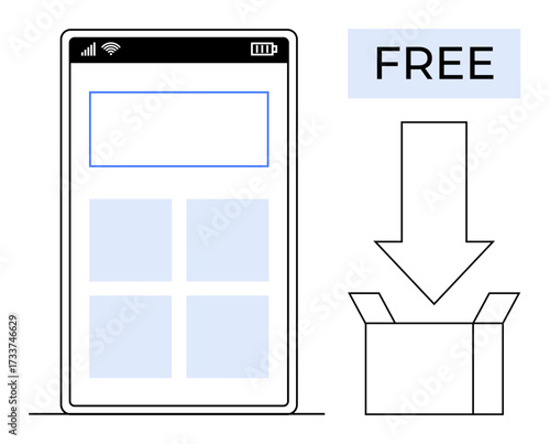 Smartphone screen layout featuring app blocks, download arrow, unboxing box, and FREE label. Ideal for software, accessibility, online services, product delivery, technology promotion simple flat