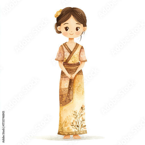 Cute Cartoon Girl in Traditional Dress Standing.