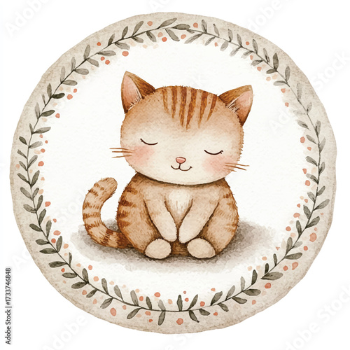 Cute cartoon ginger tabby cat sitting peacefully.