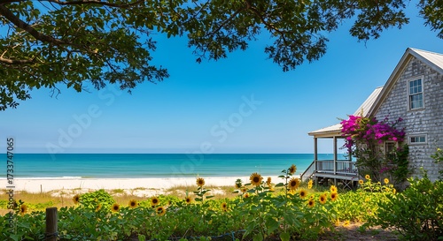 Coastal cottage scene with sunflowers and turquoise ocean view under blue sky
