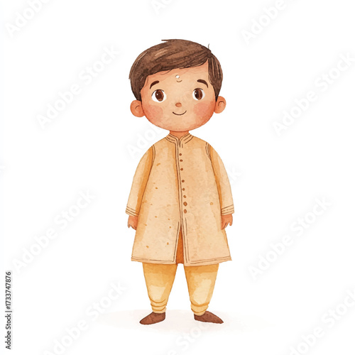 Cute cartoon illustration of a young boy in traditional Indian attire.