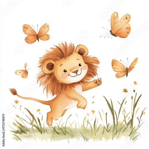 Cute cartoon lion cub playing with butterflies in a grassy field.