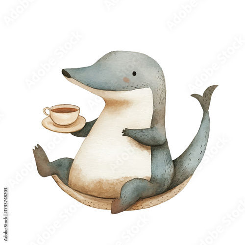 Cute cartoon mole holding a teacup adorable animal illustration whimsical creature charming character design relaxing moment.
