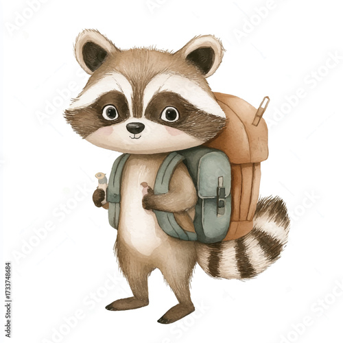 Cute cartoon raccoon traveler with a backpack and flower.
