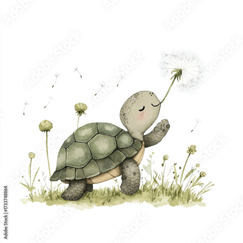 Cute cartoon turtle blowing a dandelion seed head in a field of grass.
