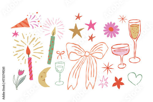 Vector set of hand drawn illustrations, quirky doodle elements for christmas banners and invitations,  birthday party cards, prints