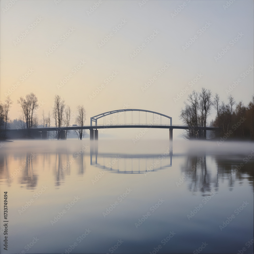 Fototapeta premium Painting, image, small bridge, on the Scandinavian archipelago, birch trees, soft lighting.