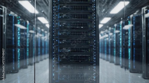 A central server rack dominates a data center, rows of servers recede in the background