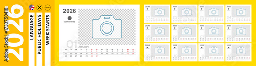 Desk Calendar for 2026 year, Monthly calendar with place for photo. Week starts on Monday.