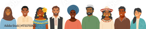 Portraits of men and women of different ethnicities in traditional clothing. Concept of equality, cultural diversity, friendship, inclusion. Vector template in a flat style.