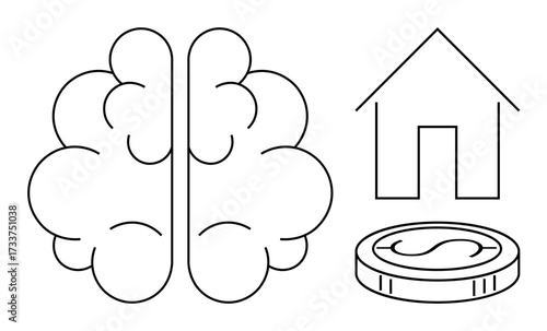 Brain outline, house, and coin illustrating concepts such as innovation, real estate investment, and financial planning. Ideal for future, intelligence, savings, real estate thinking economy