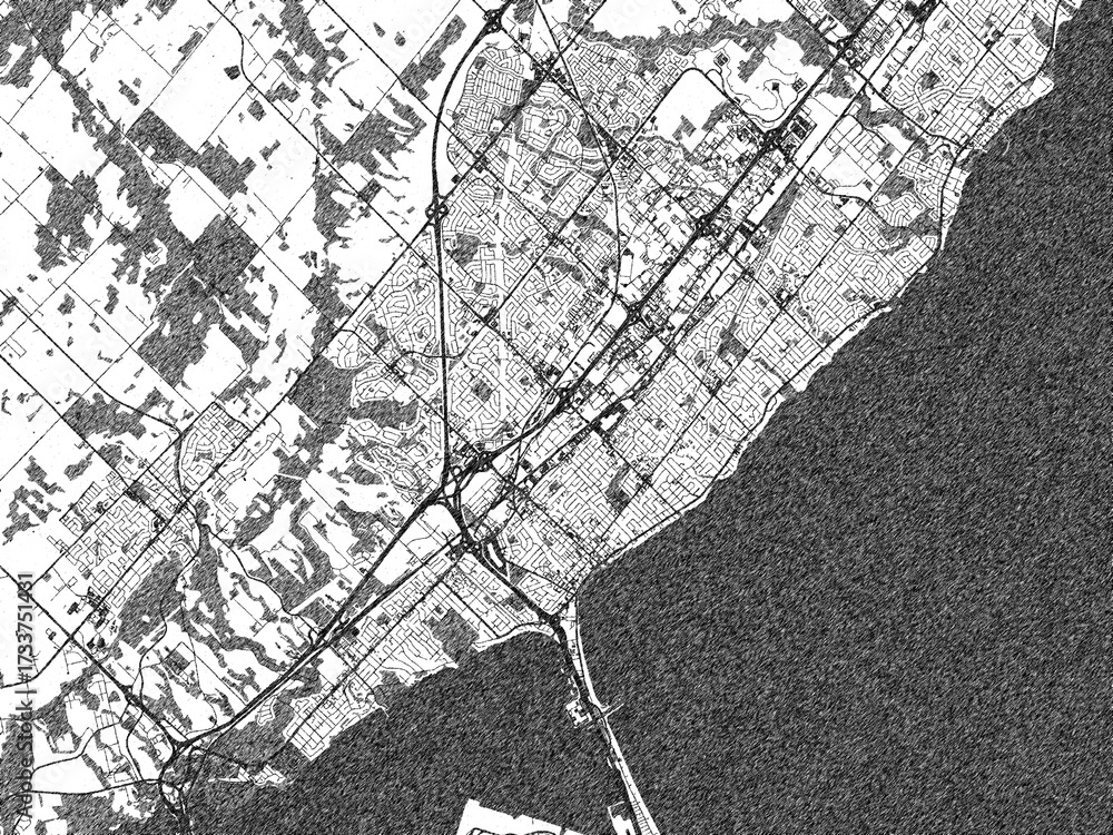 Obraz premium Illustrated city map of Burlington, Ontario, in black and white, showing roads and textures.