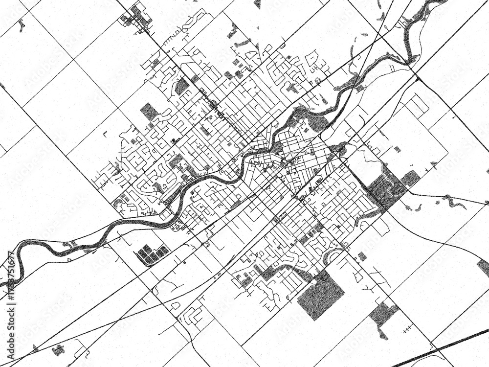 Fototapeta premium Illustrated map of Chatham, Ontario, in black and white hand-drawn digital style.