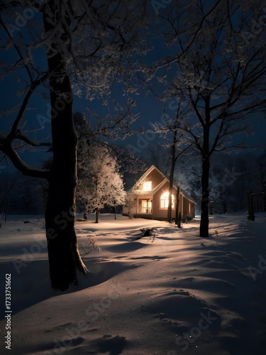 Cozy illuminated cabin nestled in snowy winter forest landscape at twilight with frosted trees and peaceful natural setting