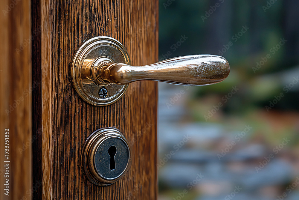 Obraz premium A close-up view of a golden door handle and lock on a wooden door, conveying a sense of security and elegance in design. The natural background adds depth.