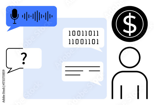 Speech bubble with audio waveform, binary code, question symbol, text, dollar sign, and user icon. Ideal for technology, finance AI machine learning chatbot digital economy communication. Simple