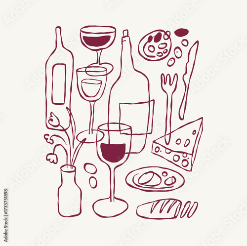 Vector hand drawn quirky doodle illustration, wine party, menu bar cover, party invitation banner