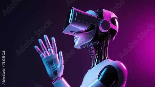 Futuristic robot exploring virtual reality world with vr headset, ai concept, technology