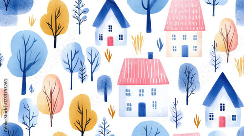 Wallpaper Mural Whimsical pattern featuring colorful houses surrounded by trees and foliage, creating cozy and inviting atmosphere Torontodigital.ca