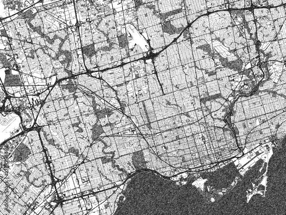 Naklejka premium Minimalist monochrome city map of Toronto, Ontario, illustrated with urban detail.