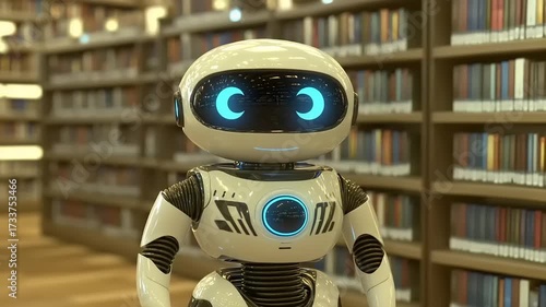 Futuristic library assistant robot providing digital research in an educational environment