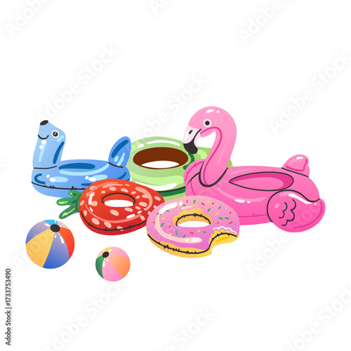 Cartoon inflatable toys. Colorful swimming rings and mattress, rubber water summer pool funny swimming accessories, flamingo, pizza and ball, watermelon and donut, vector flat isolated gradient set