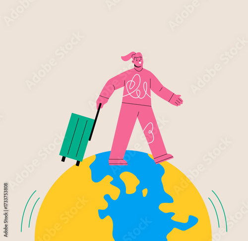 Woman with suitcase walking around the world. Colorful vector illustration
