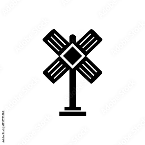 Railroad crossing sign design indicating safety, transportation, and traffic regulation.
