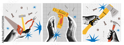 Building repair hand halftone collage. Hammer and saw instrument in arms, renovation industry maintenance equipment, different carpenter tools. House construction, craftsman vector cartoon concept set