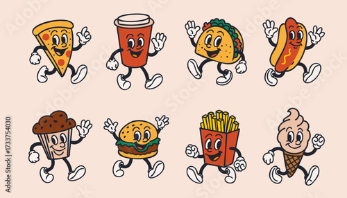 Fast food characters. Vintage mascot. Pizza, funny burger and hot dog. Taco Mexican, sweet muffin and ice cream. French fries snack. Comic elements. Vector cartoon flat style isolated illustration set
