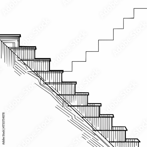 A detailed line drawing illustration of a wooden staircase ascending diagonally from the bottom left to the top right of the frame, with each step clearly defined
