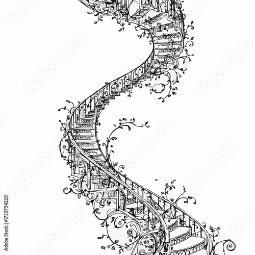 Whimsical black and white illustration of an ornate spiral staircase entwined with climbing vines and leaves