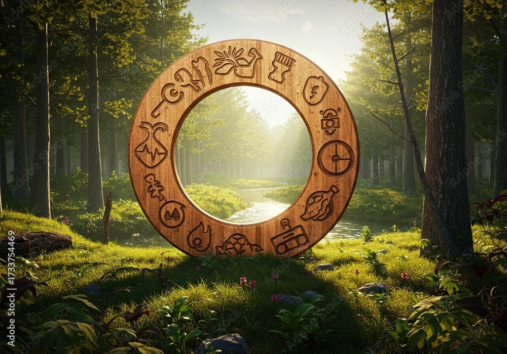 Obraz premium Mystical wooden circle with ancient symbols rests in a sun-drenched forest beside a flowing stream, inviting wonder and exploration.