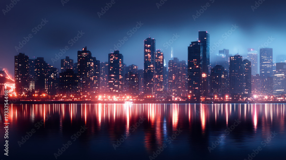 Fototapeta premium Stunning city skyline at night, illuminated by vibrant lights reflecting on water. scene captures essence of urban life and tranquility