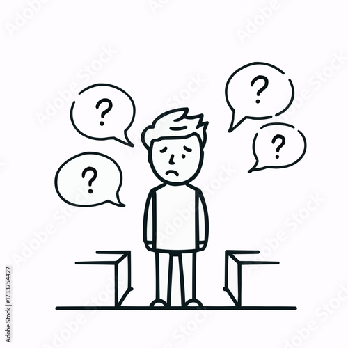 Confused person with question marks above his head contemplating and struggling with difficult choices