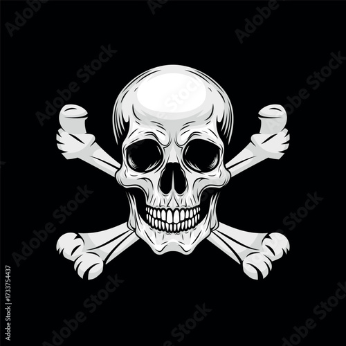 Detailed black and white Jolly Roger illustration of pirates skull and crossbones