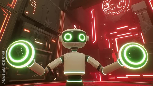 Futuristic Robot Assistant Holding Energy Orbs in a High-Tech Environment concept design