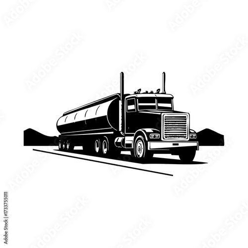 Black and white illustration of a tanker truck used for transporting liquids like fuel or chemicals across long distances.