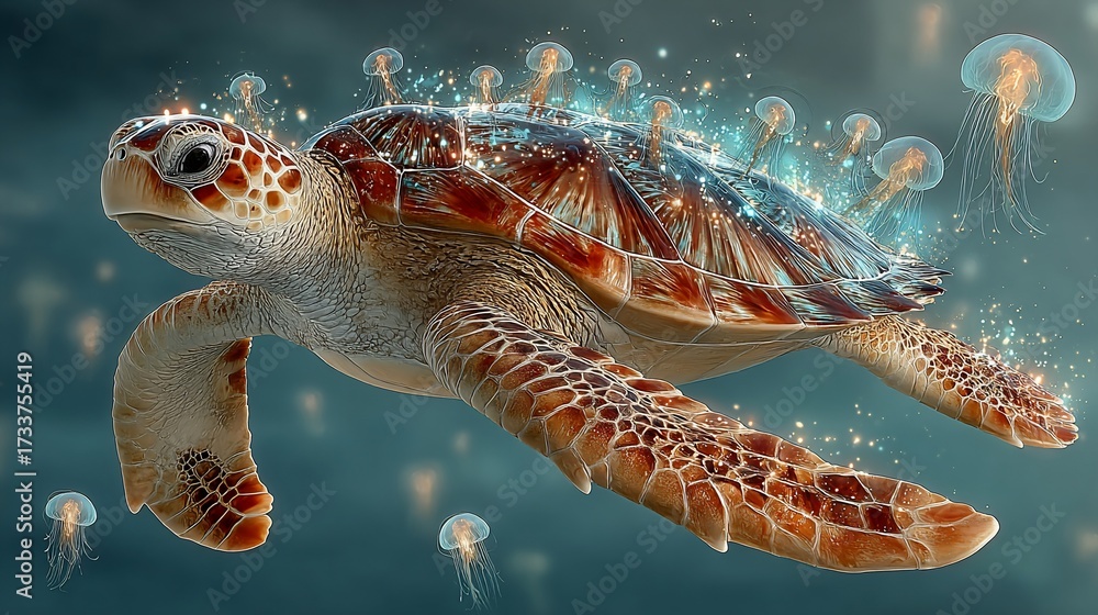 Fototapeta premium Turtle swims surrounded by glowing jellyfish in dreamlike turquoise-blue sea