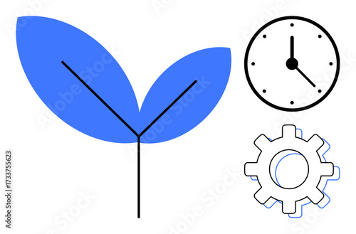Blue leaves symbolizing growth alongside a clock and gear representing time and productivity. Ideal for sustainability, efficiency, ecology, planning, teamwork, innovation, eco-friendly concepts