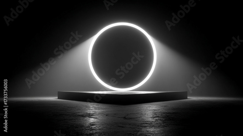 Glowing electric circle radiates energy on a deep black background. Abstract futuristic ring symbolizing power, light, and technology. Perfect for sci-fi, digital, or high-tech visual concepts.
