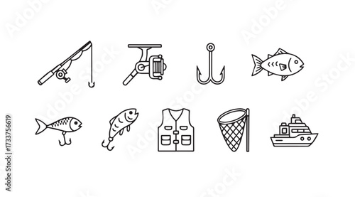 Vector art of fishing icons on white