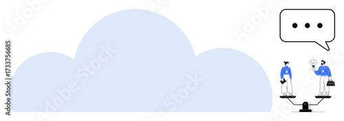 Large cloud shape symbolizing digital storage, two figures sharing ideas on platforms connected by lines, speech bubble. Ideal for teamwork, cloud computing, digital sharing, innovation
